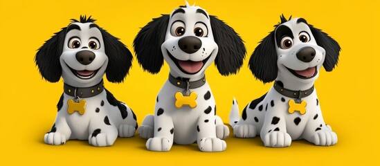 Obraz premium Three Cute Dalmatian Puppies Sitting on Yellow Background