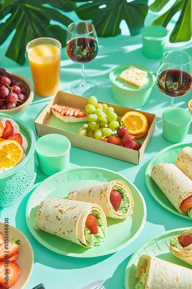 Poster a table topped with plates of various fruits, including oranges and strawberries, and a bowl of addi