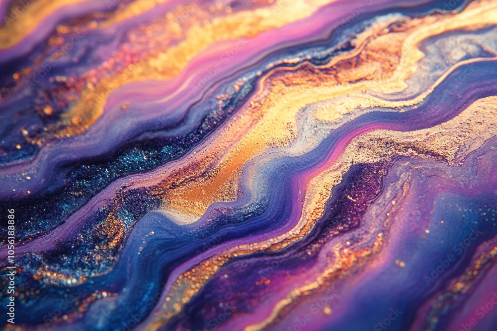 Poster metallic melt art, mesmerizing holographic design with blending metallic colors creating a dynamic a