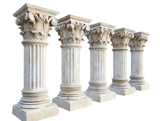 Obraz premium Five elegant white marble columns stand in a row against a white background.
