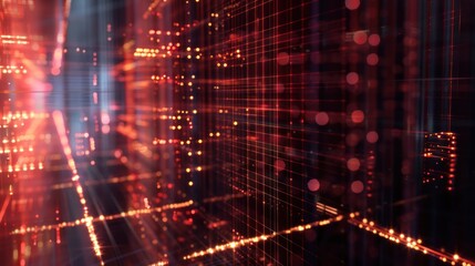 Obraz premium Abstract Digital Network, Red Grid with Glowing Lights