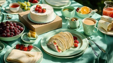   A table laden with dishes is placed beside a fruit container and a fruit bowl