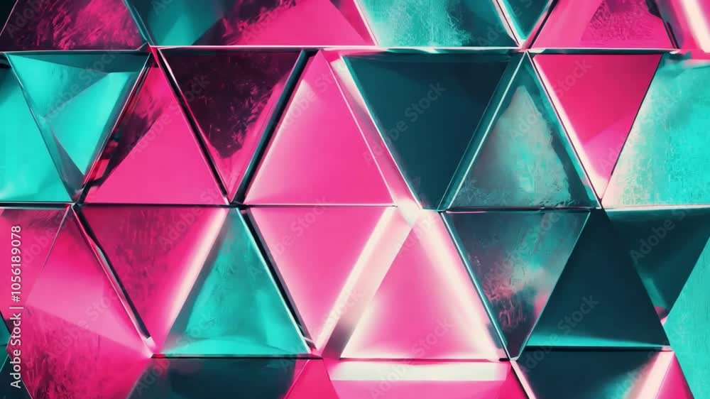 Poster vivid geometric pattern of triangular shapes in vibrant pink and teal hues creating a modern abstrac