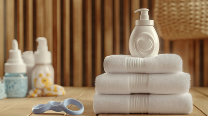 "A vector set of baby care accessories includes a stack of white towels, a pacifier, and a bottle with a silicone nipple for feeding newborns, all presented as 3D realistic eco-friendly products again