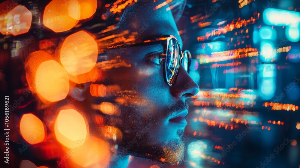 Poster profile of a man surrounded by glowing digital data streams