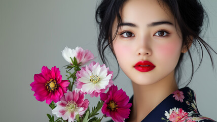 Fototapeta premium コスモスと着物姿の女性