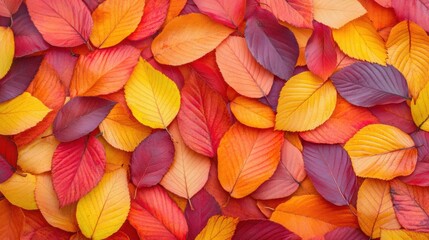 Fototapeta premium Top view of a forest floor covered with fallen autumn leaves in vibrant shades of red, orange and yellow 
