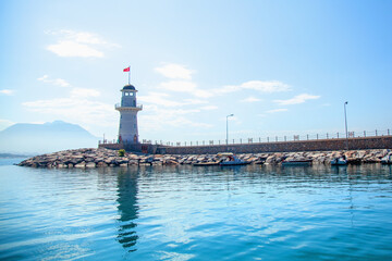 Lighthouse in the Mediterranean Sea in Alanya. Copy space.