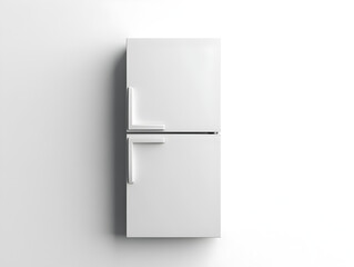A modern white refrigerator with a minimalist design sits against a white wall.
