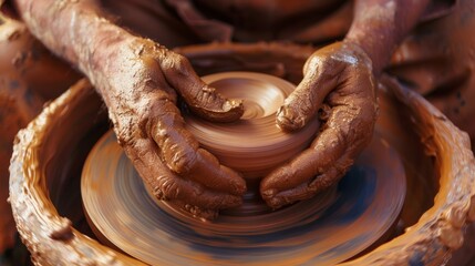 Potter is shaping a piece of clay on a fast spinning wheel, using only his hands to create the shape. The artisan's hands are covered with wet clay