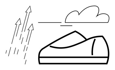 Sneaker with upward arrows and a cloud symbolizing speed, progress, and aspiration. Ideal for sports, fitness, movement, sportswear, endurance, running, and motivation themes. Line metaphor