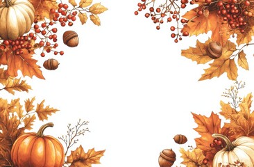 Autumn leaves and acorns border on a white background