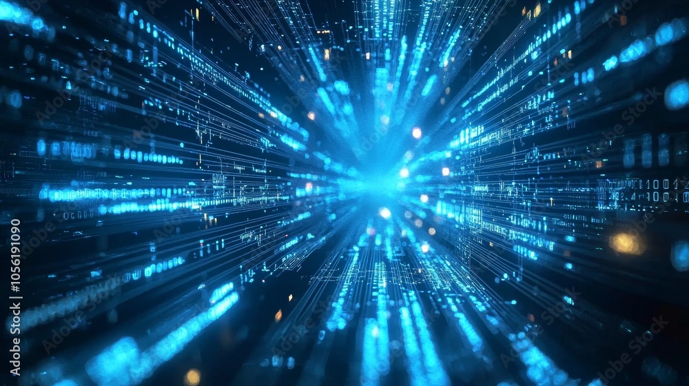 Poster glowing blue digital data stream in a futuristic network tunnel
