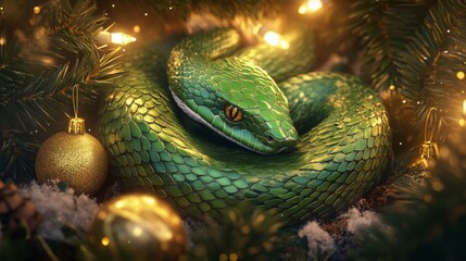 Fototapeta premium A vibrant green snake is coiled comfortably among holiday decorations, shimmering lights, and ornaments. The warm glow of the lights illuminates the snake's scales, creating a festive atmosphere.