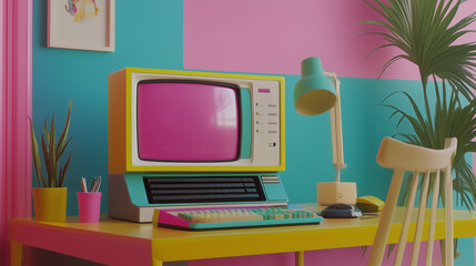 Fototapeta premium Colorful workspace with a retro computer setup, merging nostalgia and modern creativity
