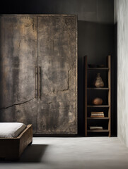 an antique wooden wardrobe against grey walls, in the style of conceptual minimalist sculpture, rural china, found object, raw authenticity, rim light, artist's frame, romanesque