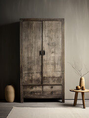 an antique wooden wardrobe against grey walls, in the style of conceptual minimalist sculpture, rural china, found object, raw authenticity, rim light, artist's frame, romanesque