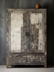 an antique wooden wardrobe against grey walls, in the style of conceptual minimalist sculpture, rural china, found object, raw authenticity, rim light, artist's frame, romanesque