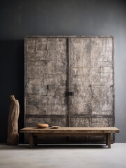 an antique wooden wardrobe against grey walls, in the style of conceptual minimalist sculpture, rural china, found object, raw authenticity, rim light, artist's frame, romanesque