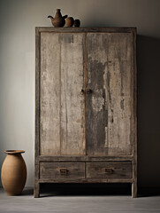 an antique wooden wardrobe against grey walls, in the style of conceptual minimalist sculpture, rural china, found object, raw authenticity, rim light, artist's frame, romanesque