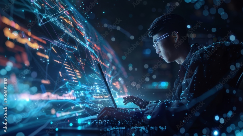 Poster asian software engineer developing futuristic interface on transparent laptop with holographic displ