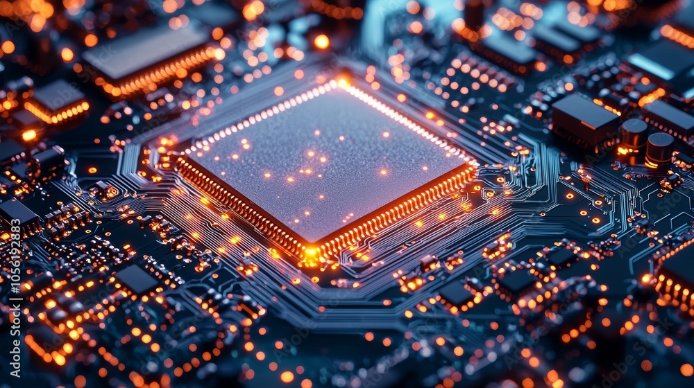 Poster close-up of a glowing computer chip with circuits