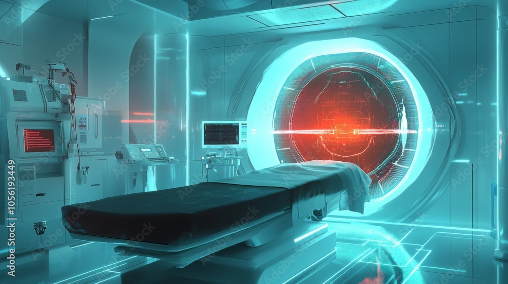 Aufkleber a high-tech medical room showcases a sleek examination table and holographic scanning device. the gl