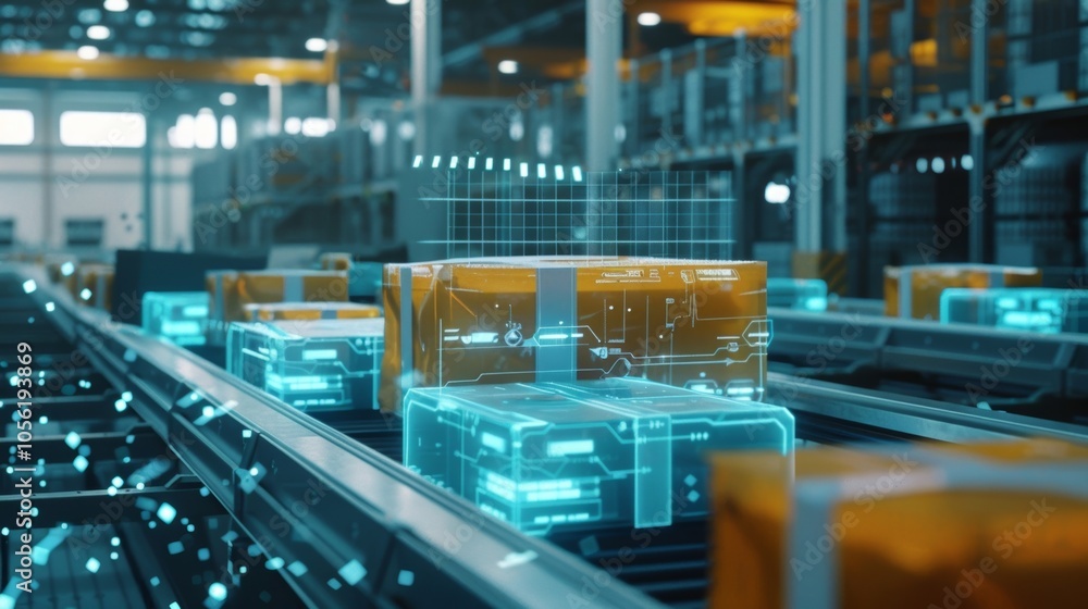 Poster packages moving on an automated assembly line in a smart warehouse using futuristic holographic scan
