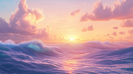Obraz premium Tranquil ocean with gentle waves and pastel sunset creates a serene and picturesque seascape