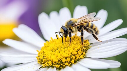Obraz premium A bee perched atop a pure white blossom adjacent to a vibrant purple and white bloom, adorned with golden stamens