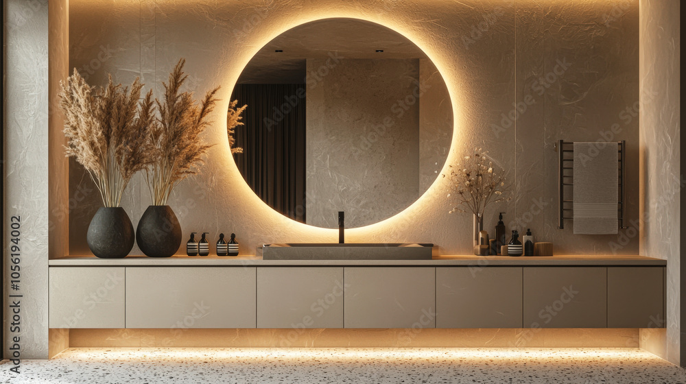 Poster a sleek bathroom showcases a large circular mirror with soft lighting, complemented by decorative va