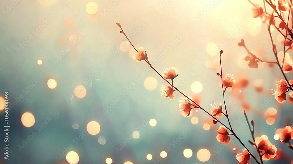 Poster a detailed image of a bloom on a twig with soft light surrounding it and an out-of-focus sky behind