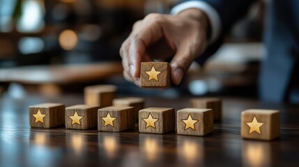 Businessman stacking wooden blocks with gold stars, performance evaluation, leadership recognition, business achievement, excellence concept, team management, corporate success, employee recognition