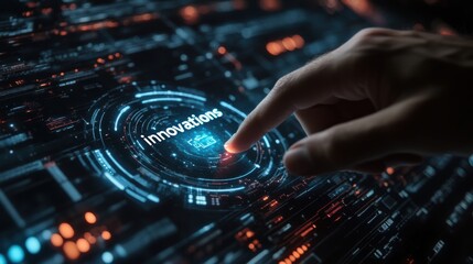 Finger pressing digital button labeled innovations, futuristic technology interface, innovation concept, tech solutions, modern business ideas, technological progress, cutting-edge design, high-tech