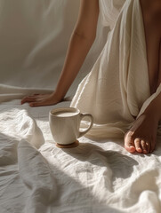 a person's feet beside a cup of sour milk, in the style of realist: lifelike accuracy, kawaii aesthetic,  minimalist beauty, realistic human figures 