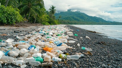 A polluted beach littered with plastic bottles, surrounded by lush greenery and mountains in the background, highlighting environmental degradation.
