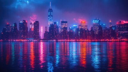 Obraz premium New York City Skyline at Night with Rain