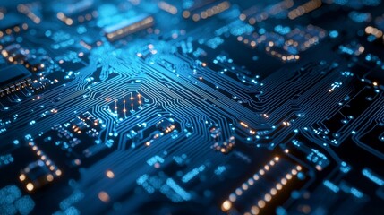 Close-up of an illuminated circuit board with blue lights