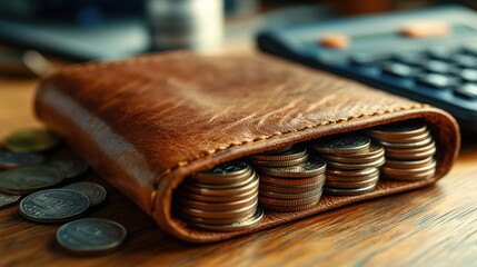 Leather wallet filled with coins on a wooden table, financial planning concept, personal savings, budgeting, currency management, old-fashioned leather accessory, organized money