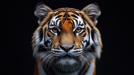 Majestic tiger staring intensely into the camera, powerful predator in dark background, wild animal portrait, strength and beauty, nature’s fierce creature, intense gaze