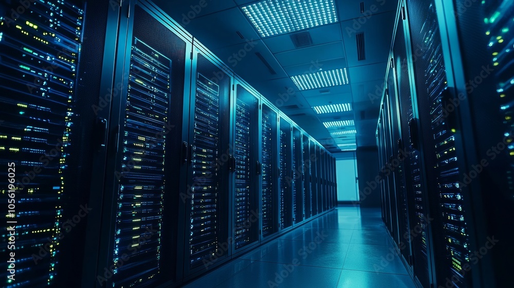 Poster modern data center with rows of illuminated servers