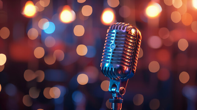 Closeup of retro microphone on stage with a bokeh light backdrop. Karaoke or concert concept.