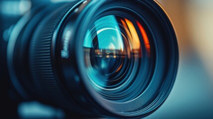 Close-up of camera lens with vibrant reflections in blue and orange light, professional photography equipment, detailed glass optics, creative focus, artistic bokeh, camera gear