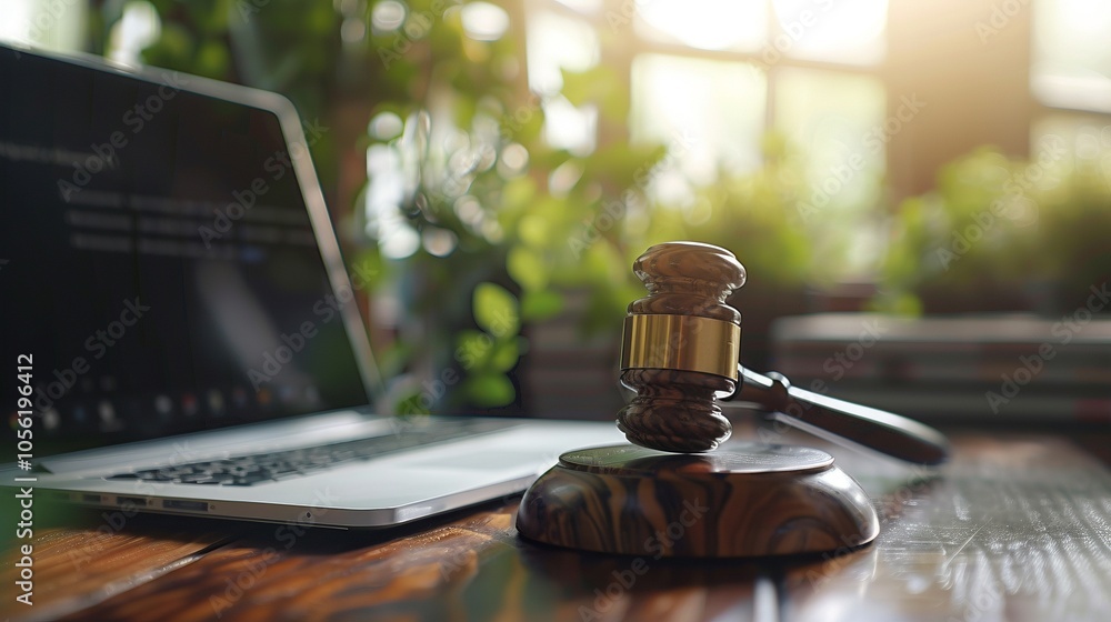 Poster judge gavel near laptop on desk image copy space. justice system with internet technology banner bac