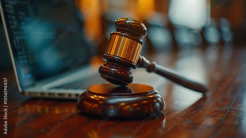 Poster ceremonial wooden judge gavel and laptop image. judge workplace with computer and mallet photography