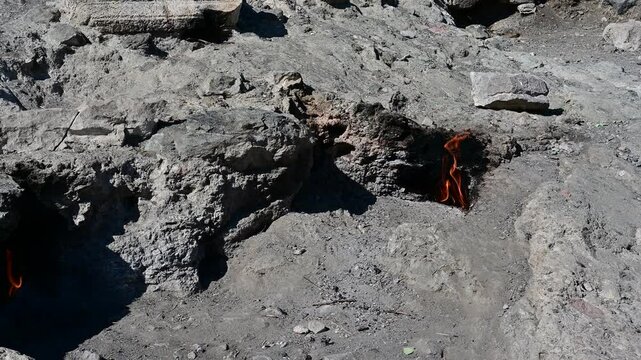 Natural flames emerge from rocks at Yanartas in Antalya&rsquo;s Olympos National Park, an ancient site with continuous fires fueled by natural gas.
