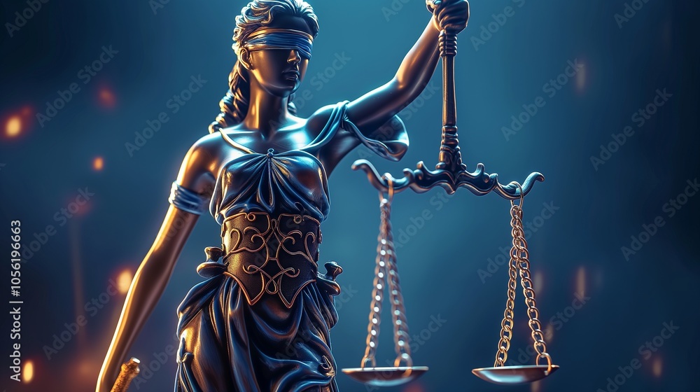 Poster femida goddess with balanced scale statue 3d rendering image. ancient symbol of law and justice back