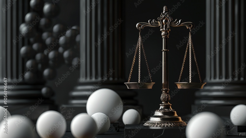 Poster retro balance scales near black columns with spheres image copy space. court proceeding abstract com