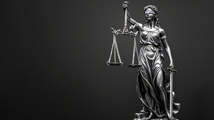 Femida goddess with covered eyes and scales monochrome image copy space. Justice authority banner background blurred. Court proceeding service concept photography copyspace