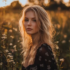 A young woman stands thoughtfully among flowers in a sunlit field, capturing a moment of tranquility and beauty.
